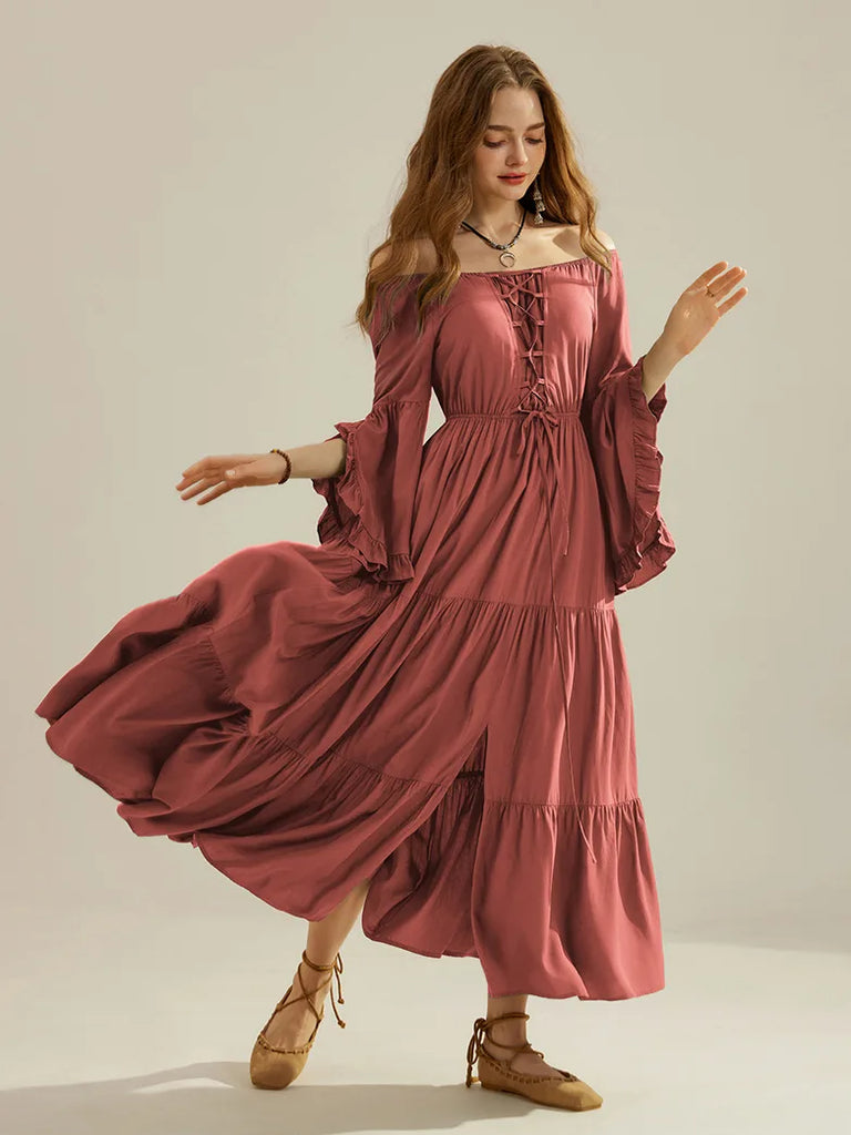 Renaissance Off Shoulder Dress Front Slit A-Line Dress SCARLET DARKNESS