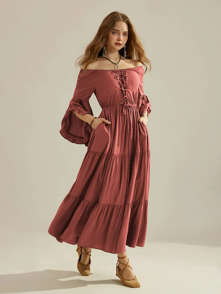 Renaissance Off Shoulder Dress Front Slit A-Line Dress SCARLET DARKNESS