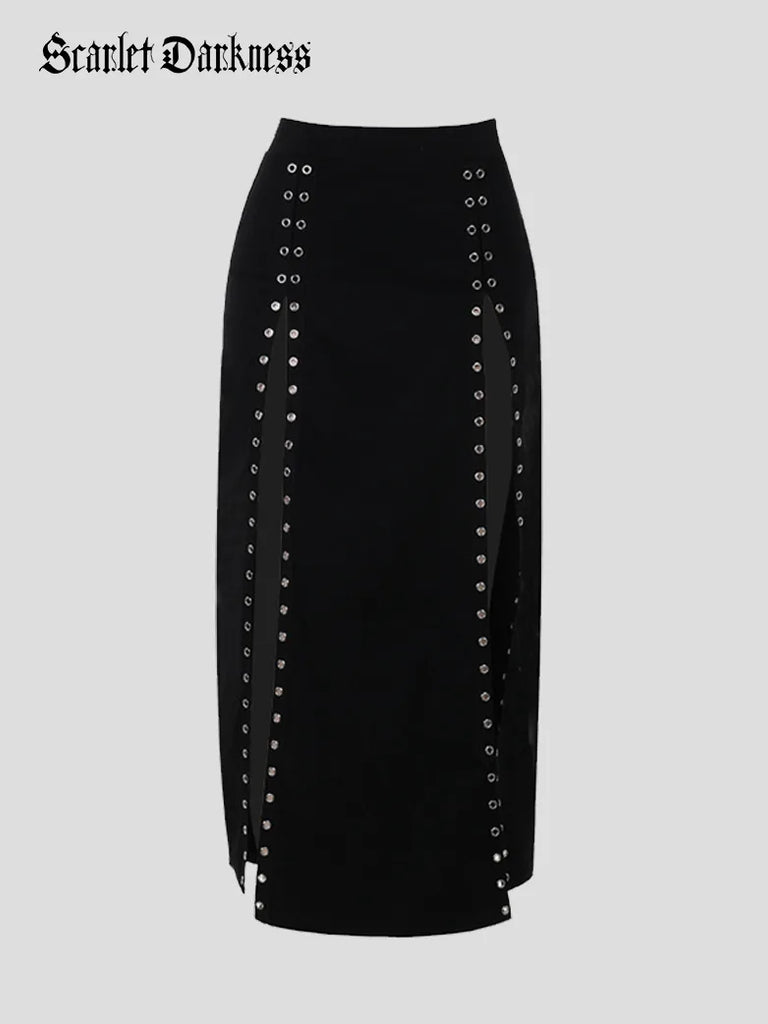 Punk Sexy Double Row Eyelet High Slit Skirt for Women SCARLET DARKNESS