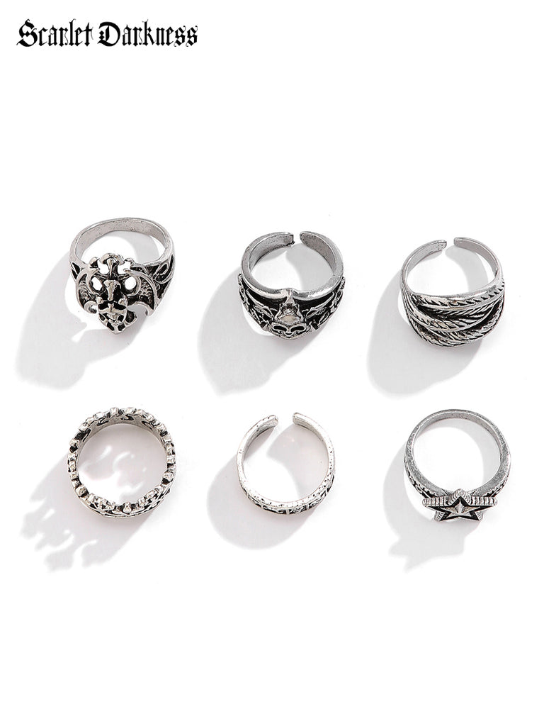 Vintage Gothic Punk Star Crown 6pcs Opening Ring Set SCARLET DARKNESS