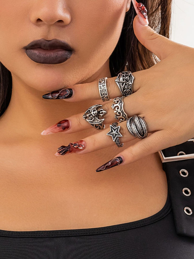 Vintage Gothic Punk Star Crown 6pcs Opening Ring Set SCARLET DARKNESS