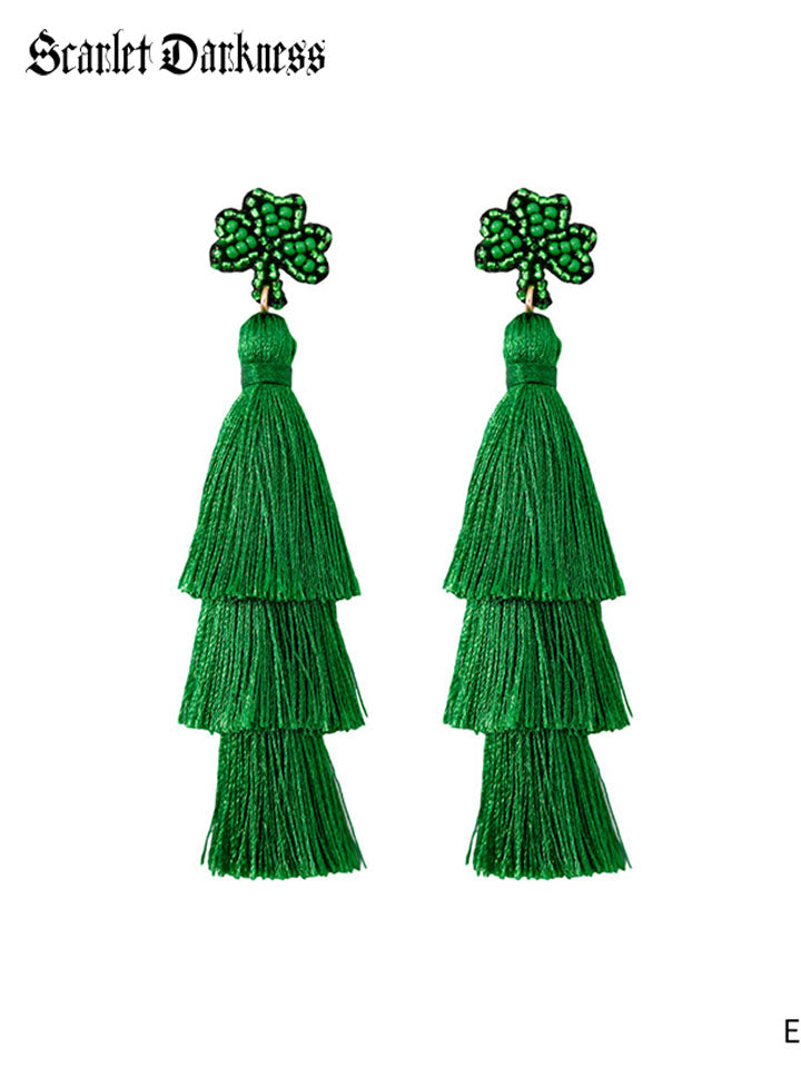 St. Patrick's Day Miss Lucky Shamrock Beaded Dangle Tassel Earrings SCARLET DARKNESS