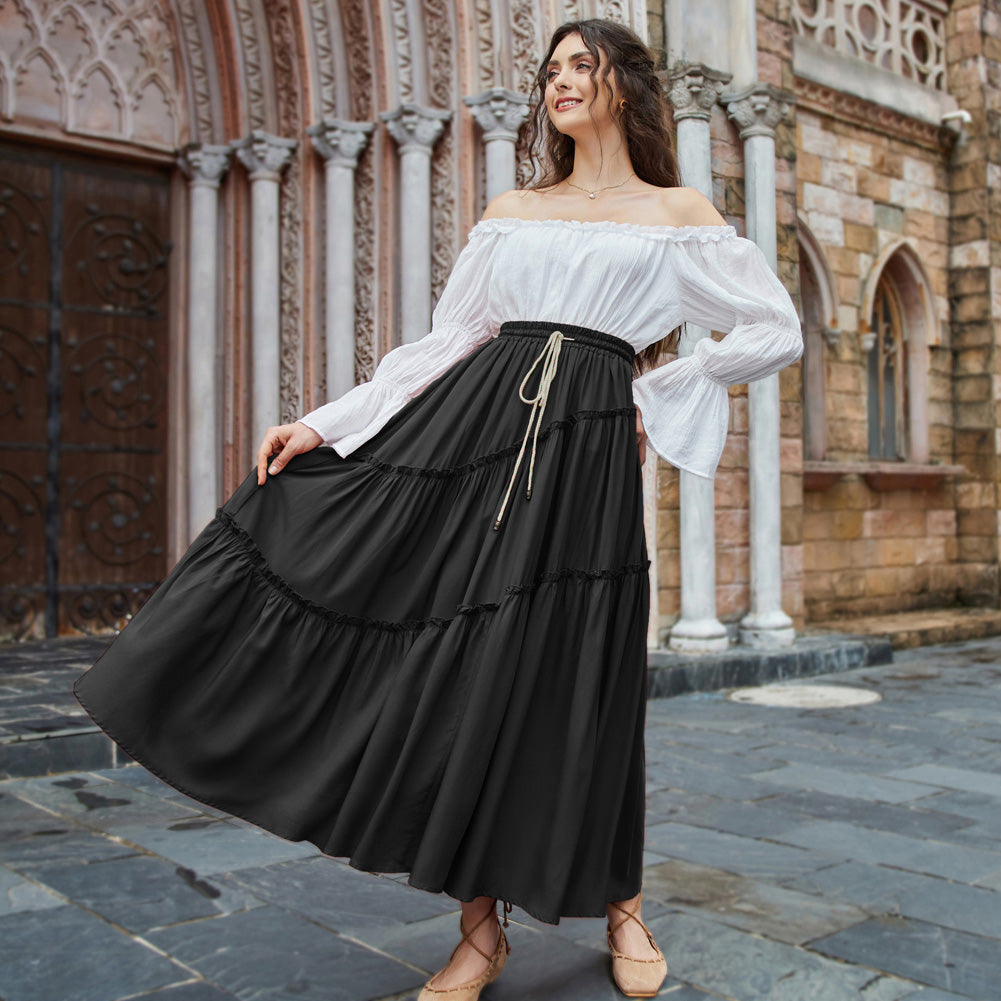 Women Pleated Tiered Swing Skirt Drawstring Waist Maxi Skirt SCARLET DARKNESS