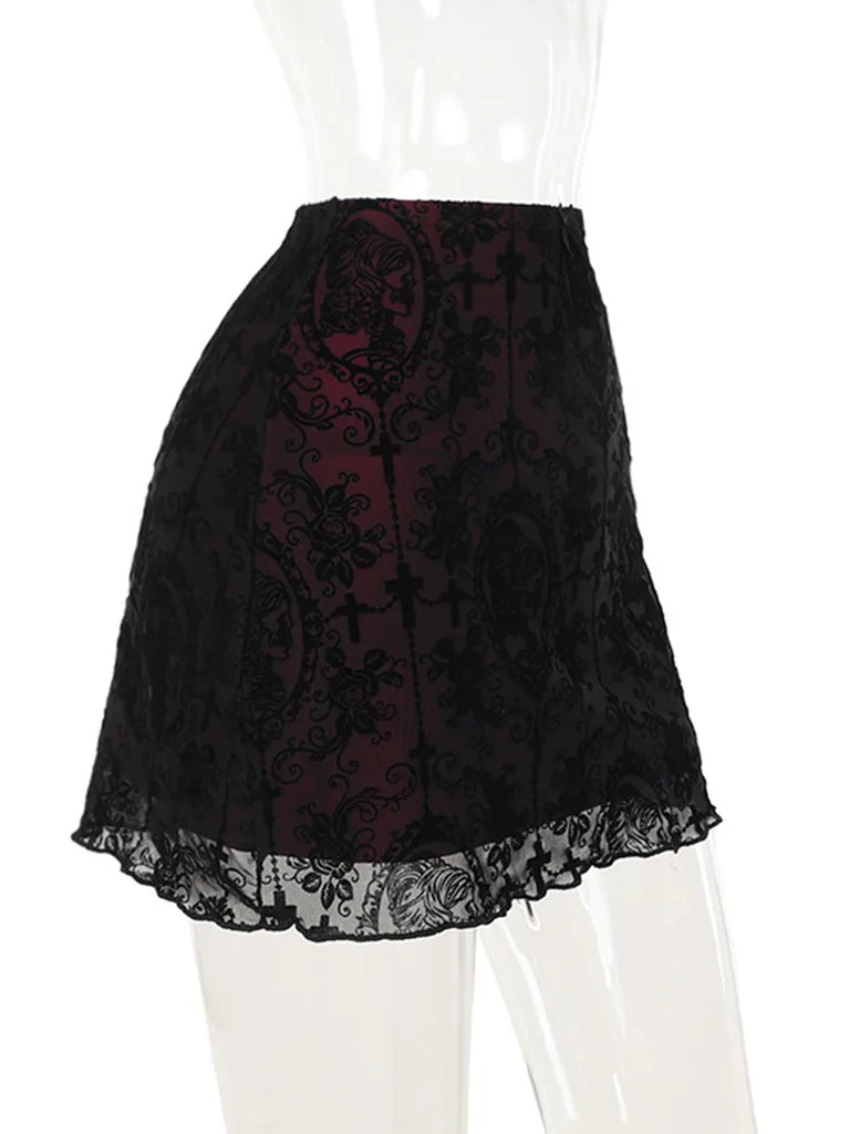 2024 Gothic Women Flocked Double Layer Mini Skirt SCARLET DARKNESS