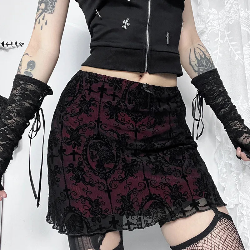 2024 Gothic Women Flocked Double Layer Mini Skirt SCARLET DARKNESS