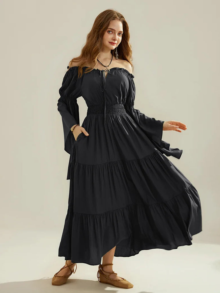 Women Tiered Maxi Dress Off-Shoulder Pocket Dress SCARLET DARKNESS