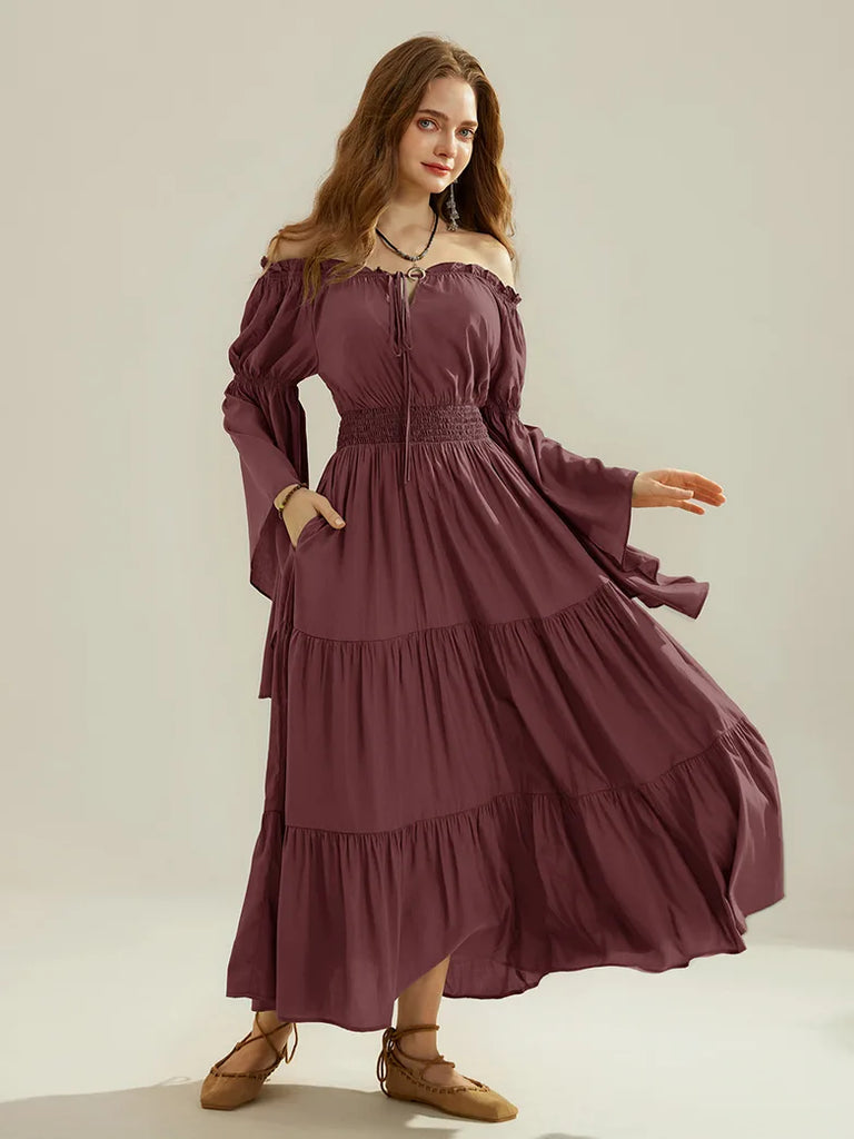 Women Tiered Maxi Dress Off-Shoulder Pocket Dress SCARLET DARKNESS