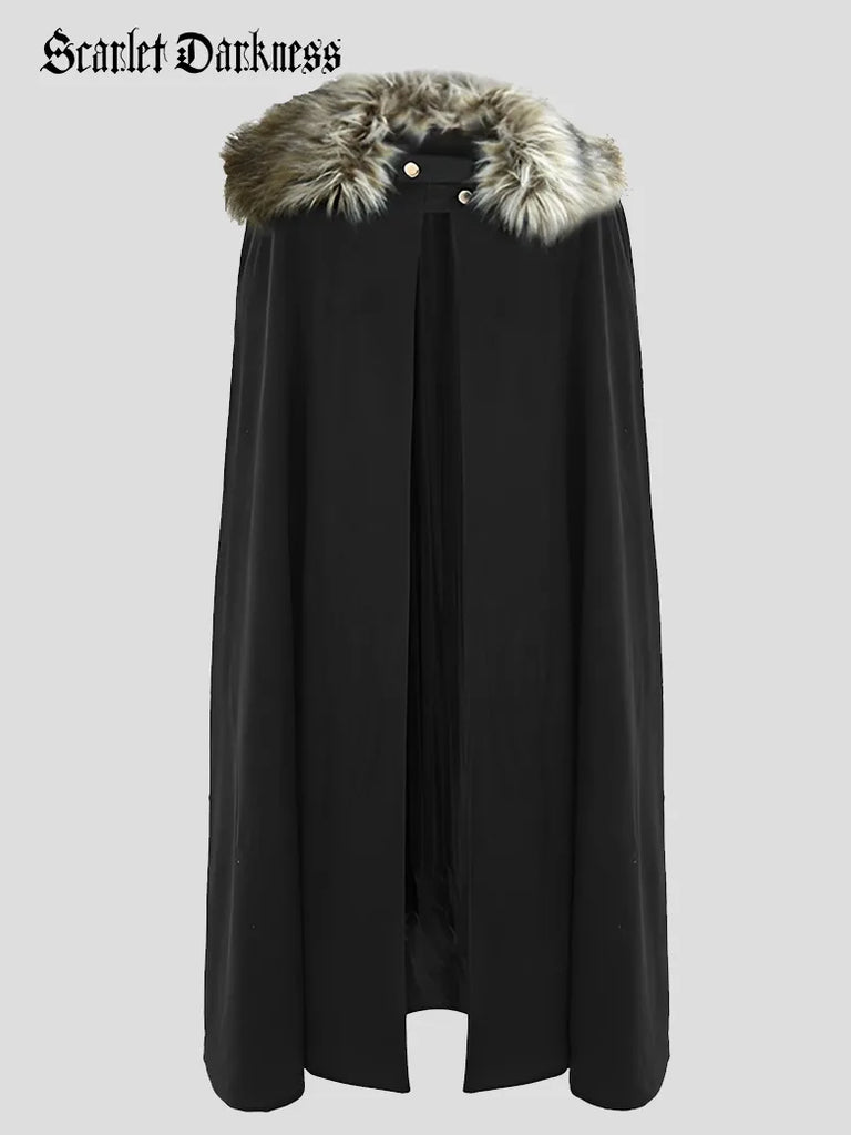 Scarlet Darkness Medieval Cape Fur Collar Cloak Warrior Mid-Calf Cloak