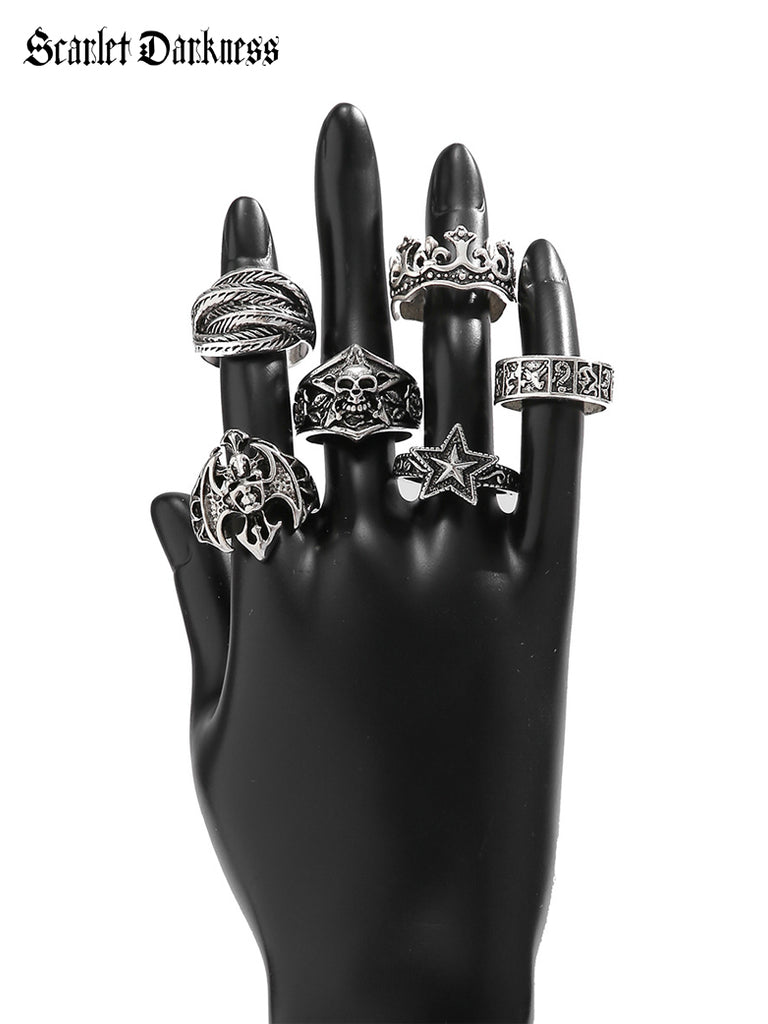 Vintage Gothic Punk Star Crown 6pcs Opening Ring Set SCARLET DARKNESS