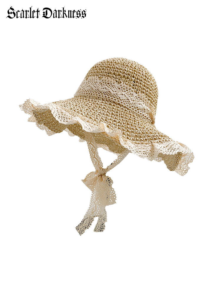 Retro Women Beige Lace-strap Straw Hat SCARLET DARKNESS