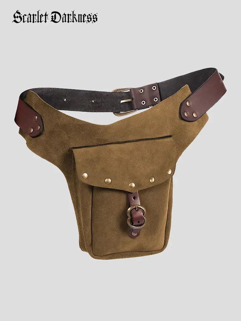 Medieval Vikings Functional Studded Suede Waist Bag SCARLET DARKNESS