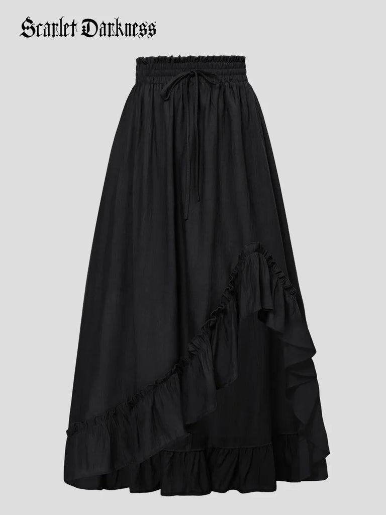 Ren Fair Drawstring Irregular Ruffled Hem Skirt with Pocket SCARLET DARKNESS