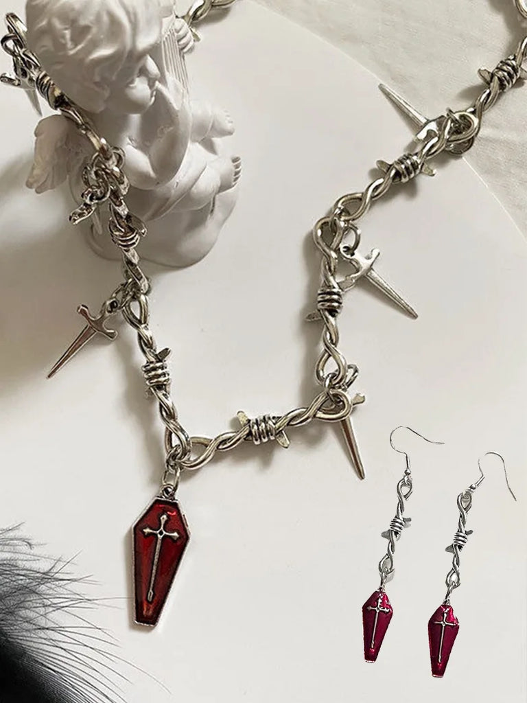 SCARLET DARKNESSGothic Cross Sword Thorns Necklace Earrings