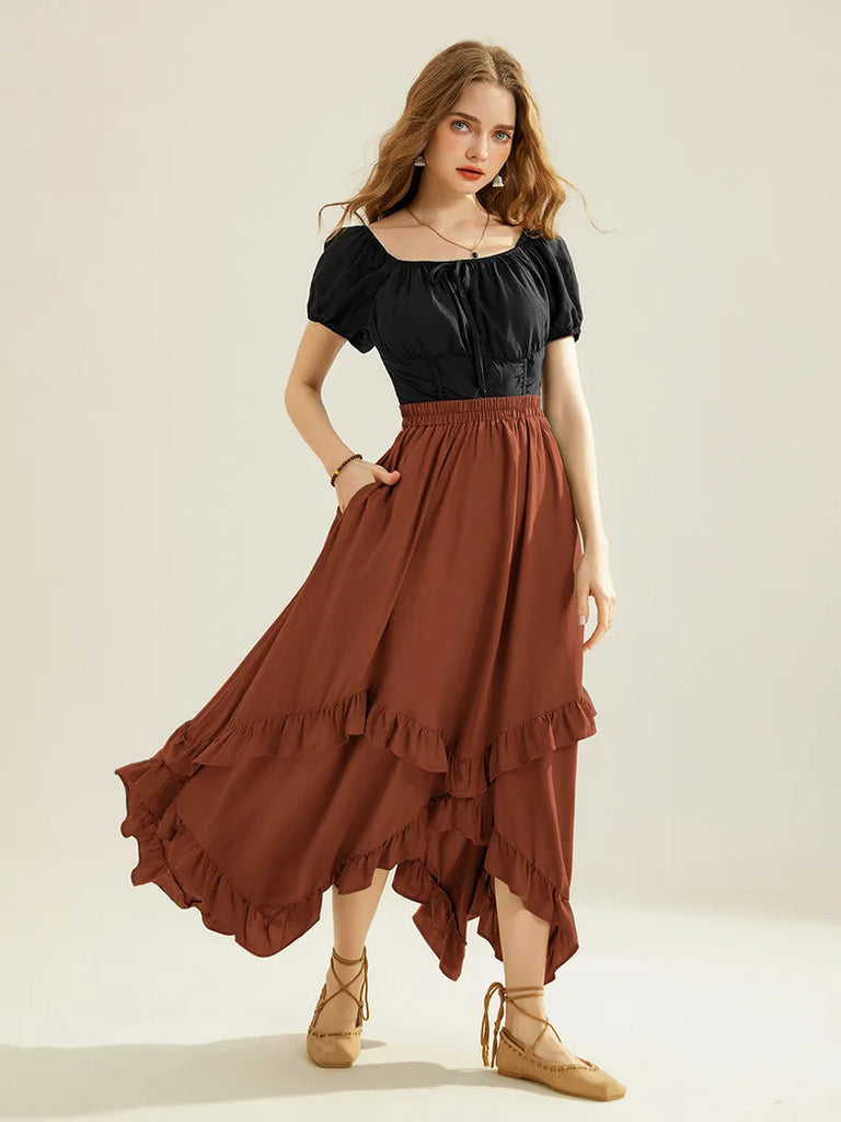 Renaissance Irregular Hem Swing A-Line Maxi Skirt SCARLET DARKNESS