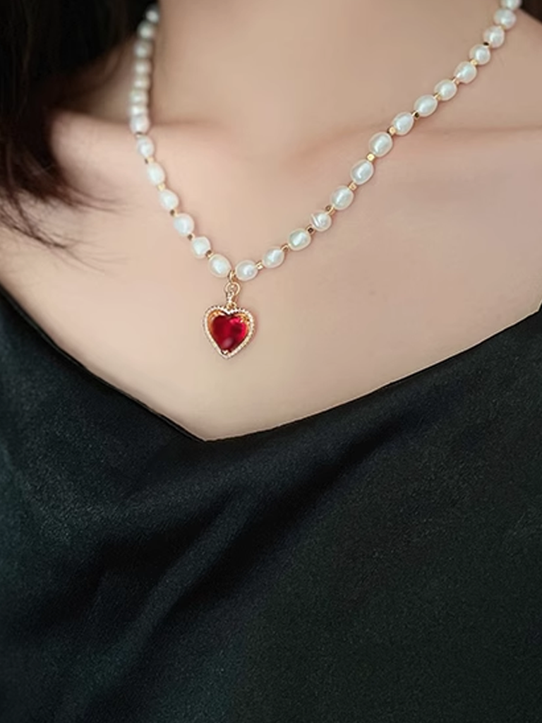 Scarlet Darkness Retro Pearl Garnet Love Shaped Dreamer Necklace SCARLET DARKNESS