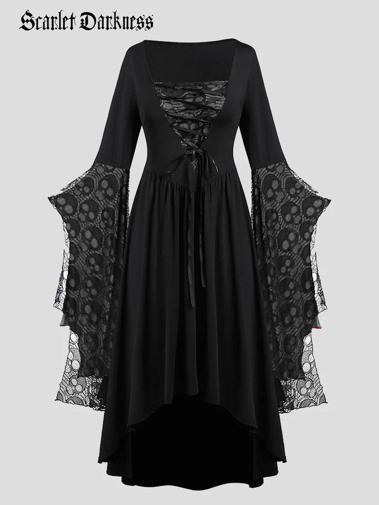 Gothic Halloween Skull Dress Bat Sleeve Irregular Dress SCARLET DARKNESS