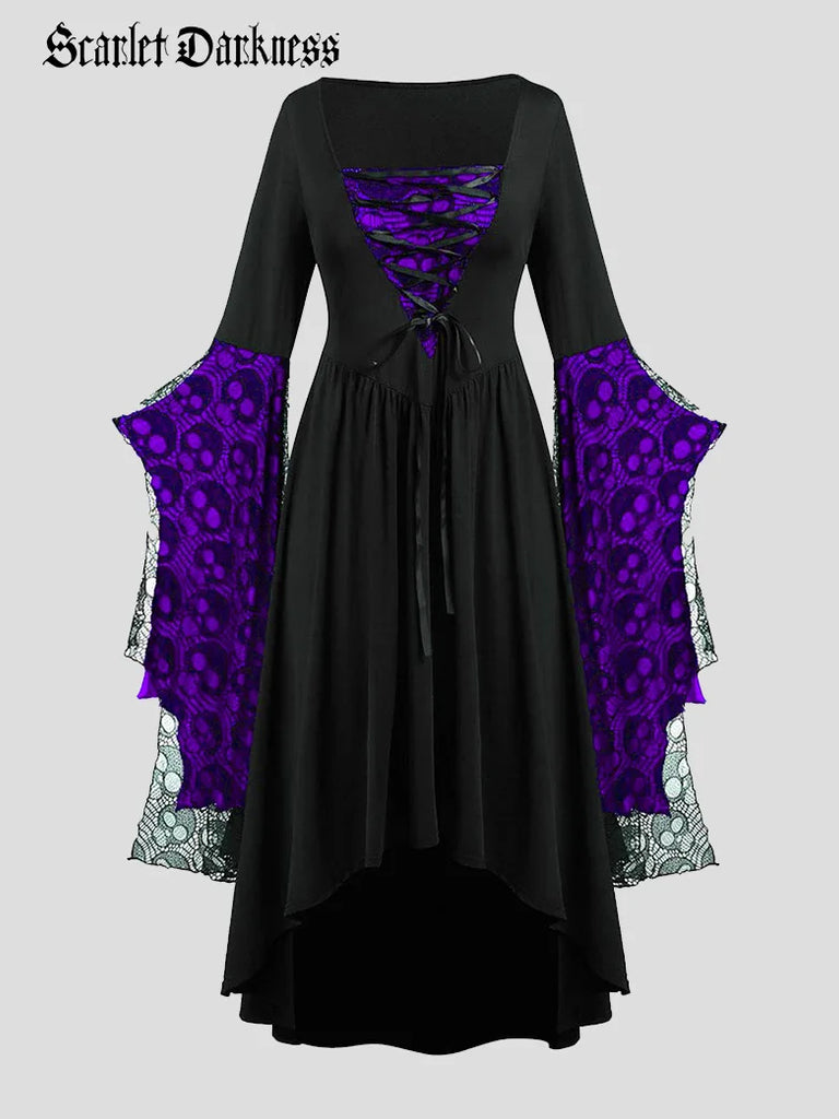 Gothic Halloween Skull Dress Bat Sleeve Irregular Dress SCARLET DARKNESS