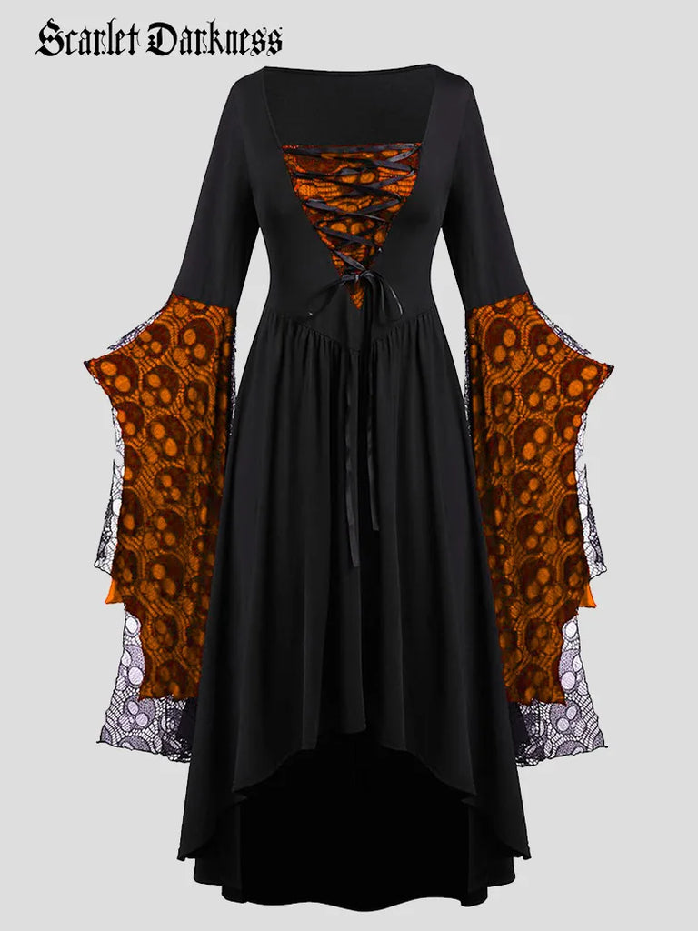 Gothic Halloween Skull Dress Bat Sleeve Irregular Dress SCARLET DARKNESS