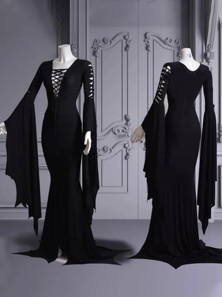 Gothic Halloween Tied Dress V Neck Long Sleeves Bodycon SCARLET DARKNESS