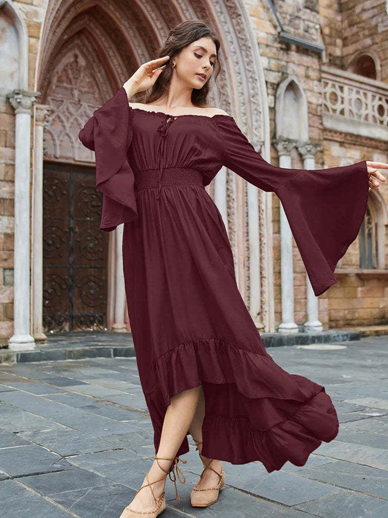 Women High-Lo Dress Long Sleeve Off Shoulder Dress SCARLET DARKNESS