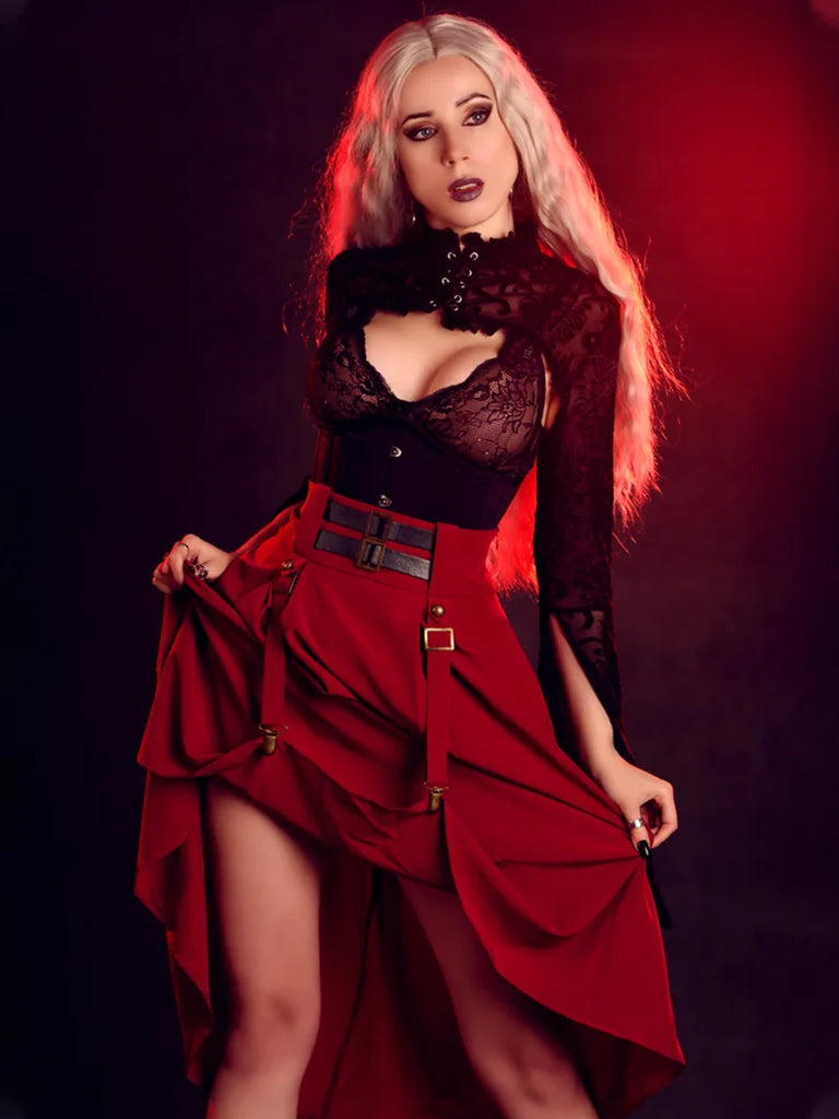 Steampunk Elastic High Waist Length Adjustable Skirt With Pocket SCARLET DARKNESS