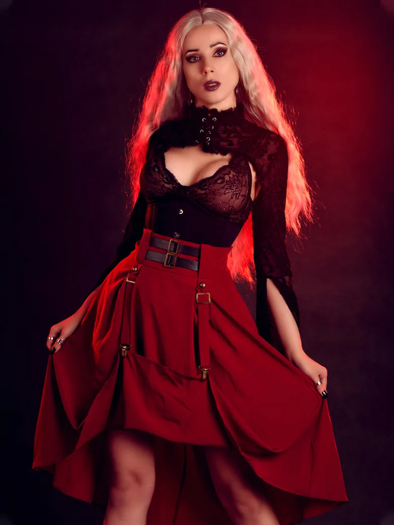 Steampunk Elastic High Waist Length Adjustable Skirt With Pocket SCARLET DARKNESS