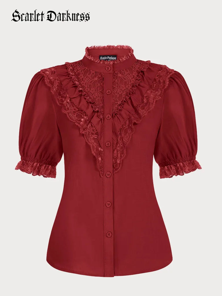 Lace Patchwork Puffed Stand Collar Lace up Tops SCARLET DARKNESS