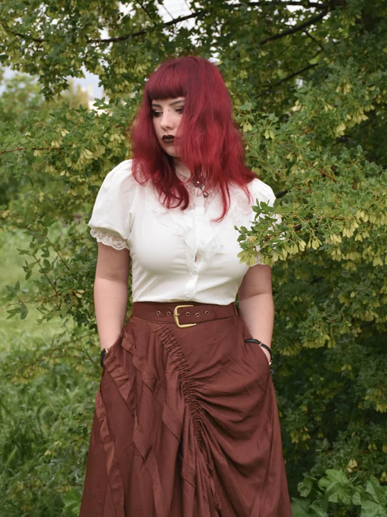 Ruffled Hem Drawstring Flared Maxi Skirt with Belt SCARLET DARKNESS