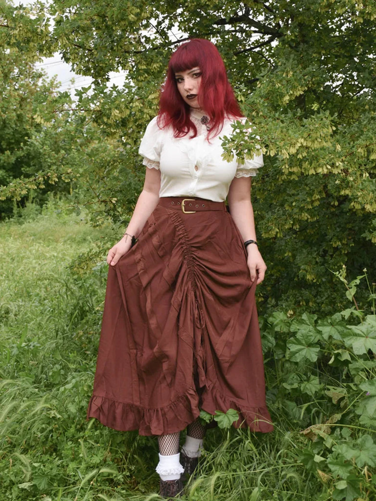 Ruffled Hem Drawstring Flared Maxi Skirt with Belt SCARLET DARKNESS