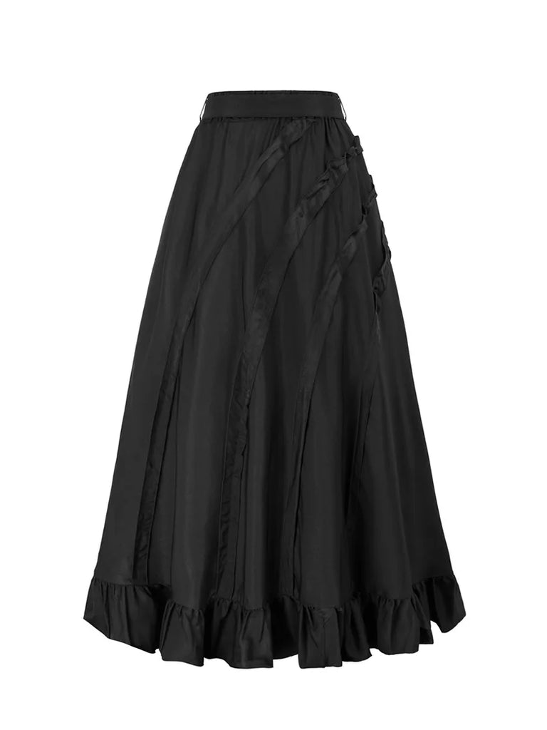 Ruffled Hem Drawstring Flared Maxi Skirt with Belt SCARLET DARKNESS