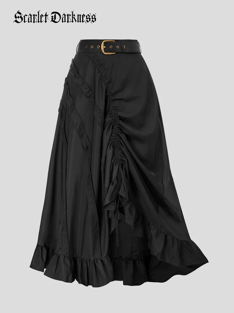 Ruffled Hem Drawstring Flared Maxi Skirt with Belt SCARLET DARKNESS