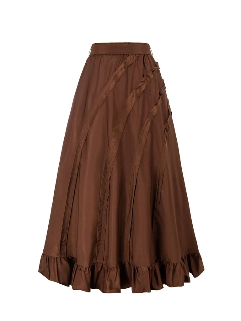 Ruffled Hem Drawstring Flared Maxi Skirt with Belt SCARLET DARKNESS