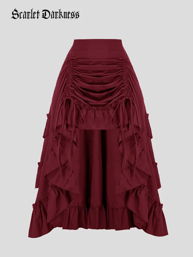 Length Adjustable Elastic Waist Ruffle Cake Maxi Skirt SCARLET DARKNESS