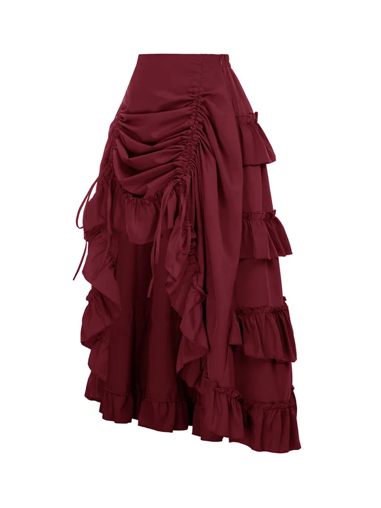 Length Adjustable Elastic Waist Ruffle Cake Maxi Skirt SCARLET DARKNESS