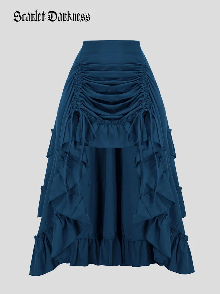 Length Adjustable Elastic Waist Ruffle Cake Maxi Skirt SCARLET DARKNESS