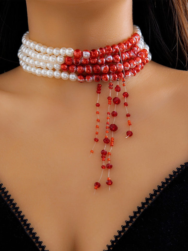 Four-Layer Fringe Vampire Dripping Blood Pearls Necklace SCARLET DARKNESS