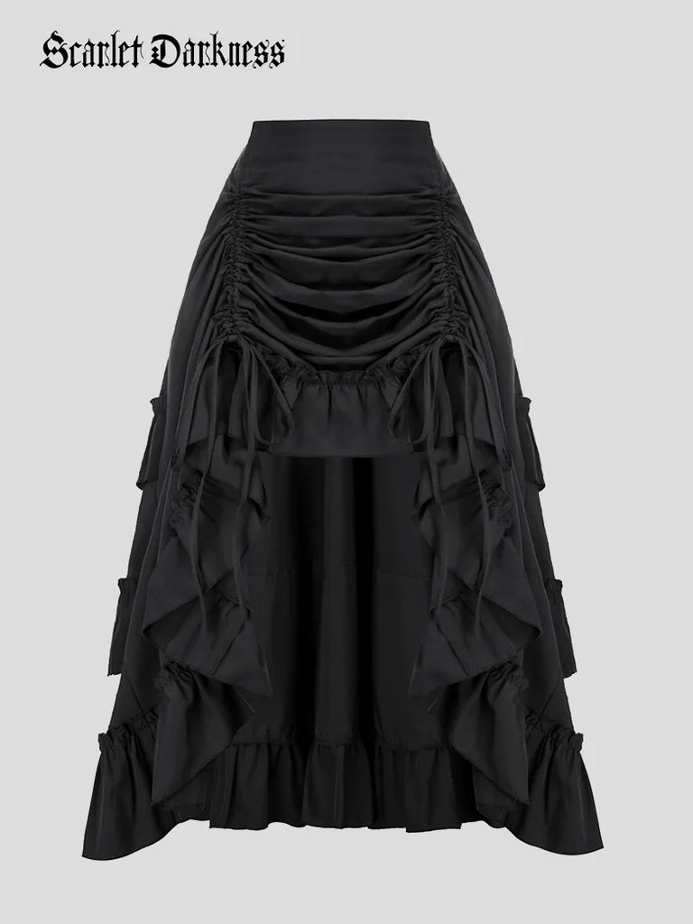 Length Adjustable Elastic Waist Ruffle Cake Maxi Skirt SCARLET DARKNESS