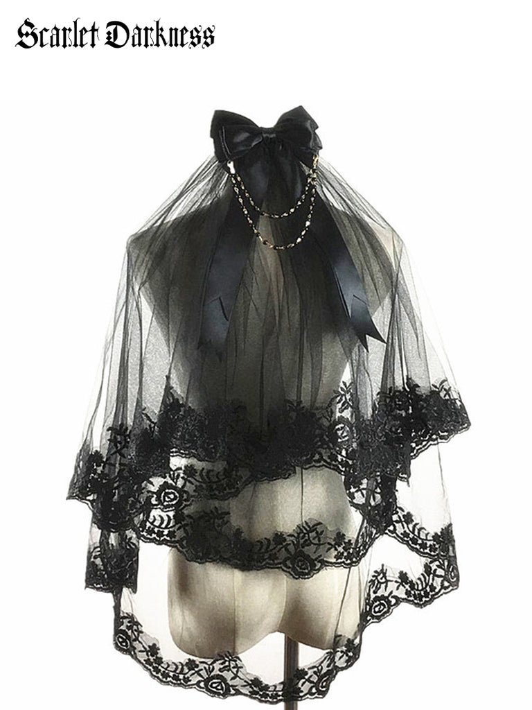 Layered Veil Headwear with Bow Tie Party Wedding SCARLET DARKNESS