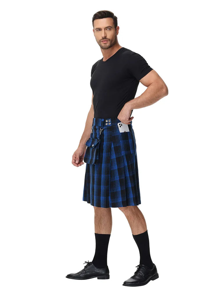 Scottish Mens Tartan Utility Kilt Pleated Midi Skirt with Bag SCARLET DARKNESS