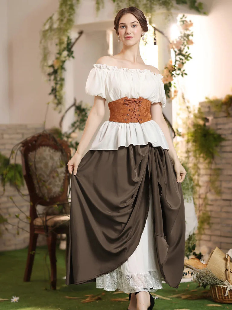 Renaissance Elastic Waist Double-Layer Lace Hem Long Skirts SCARLET DARKNESS