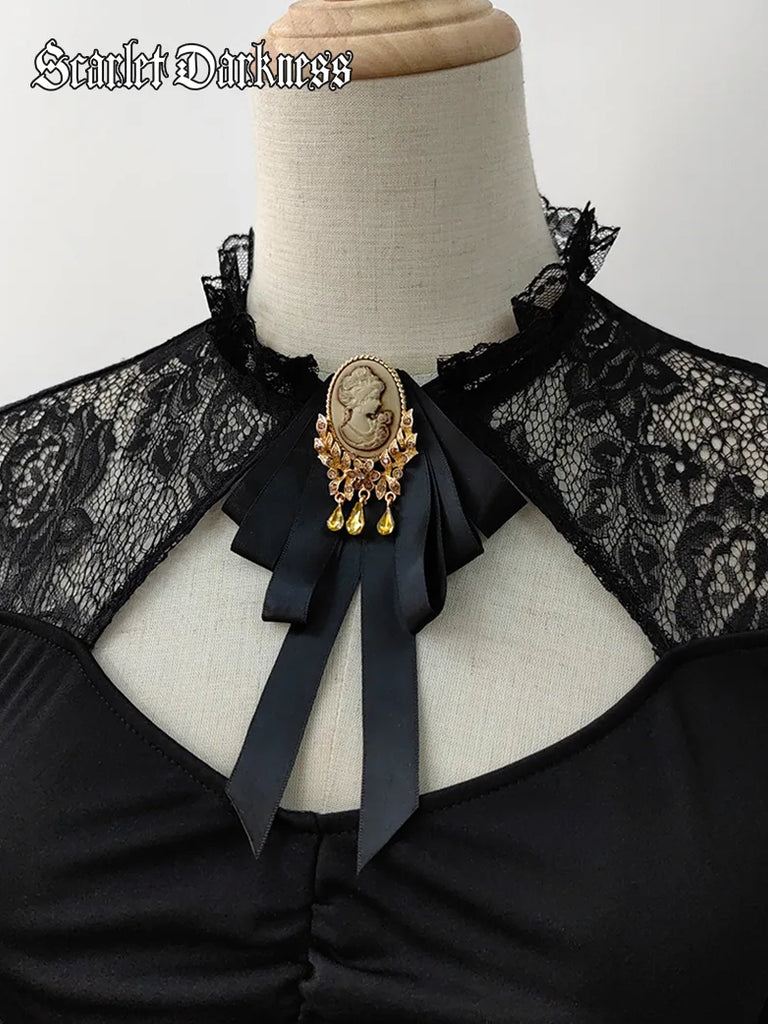 1850s Victorian Black Pre-Tied Neck Tie Brooch SCARLET DARKNESS