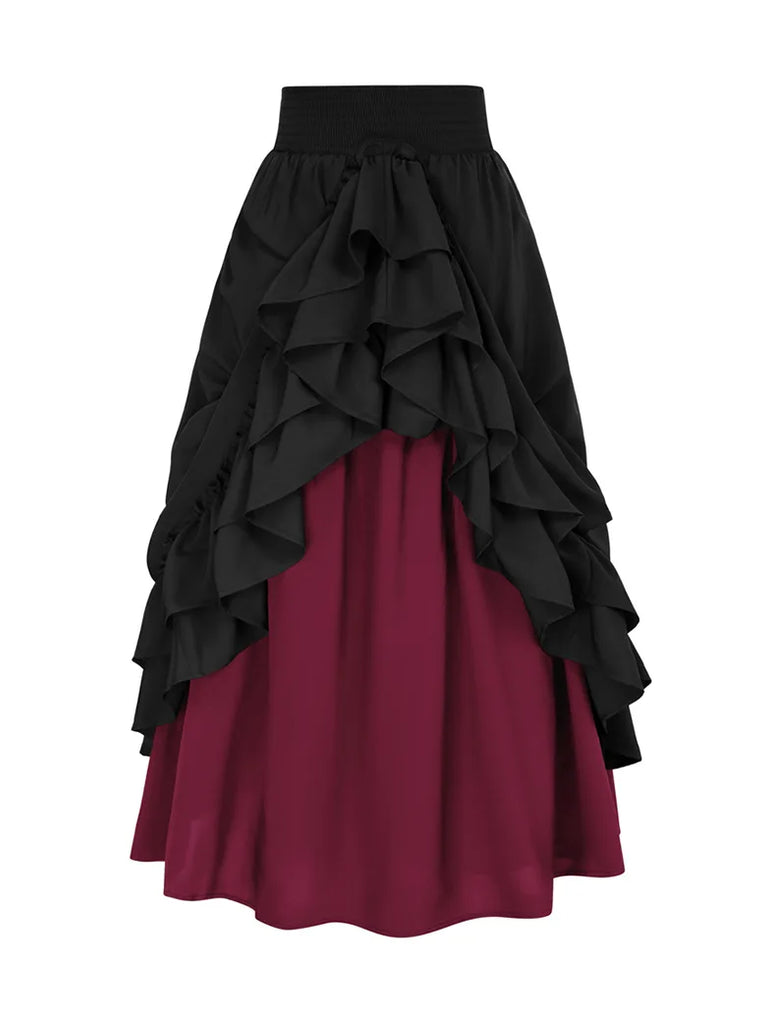 Victorian Dual Layer Ruffled Hem Back Adjustable Skirt SCARLET DARKNESS