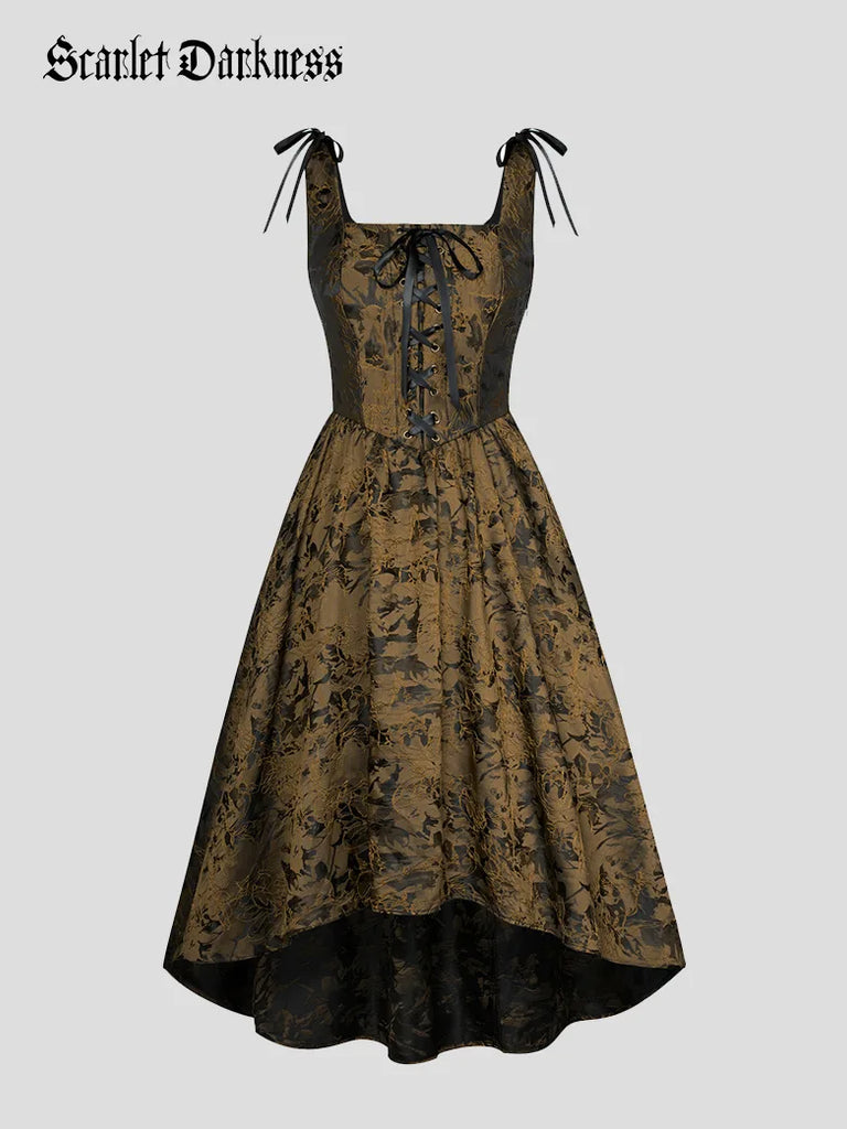 Women Victorian Gothic High-Lo Dress Jacquard Thorn Rose Dress SCARLET DARKNESS