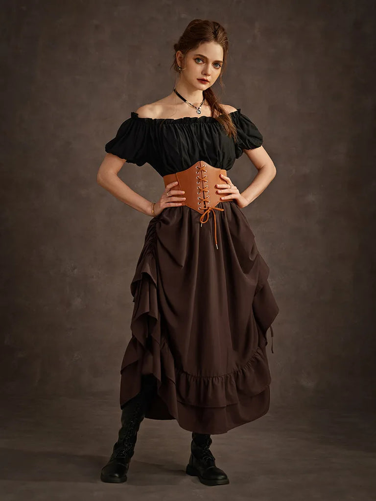 Women Punk Skirts Ruffled High-Low 3 Ways Drawstring Skirt SCARLET DARKNESS