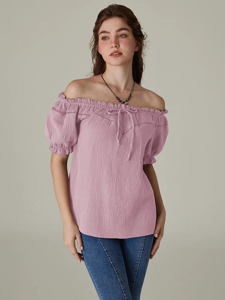 SCARLET DARKNESSRenaissance Cotton Tops Crew Neck Off Shoulder Lace-up Tops