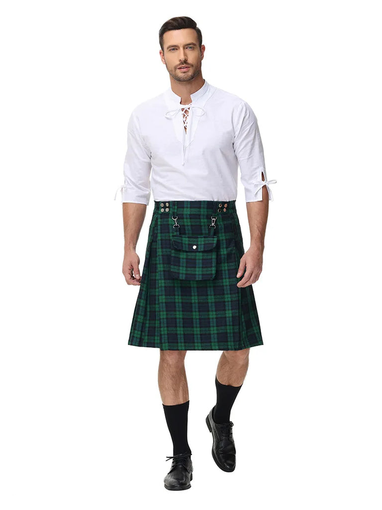 Scottish Mens Tartan Utility Kilt Pleated Midi Skirt with Bag SCARLET DARKNESS