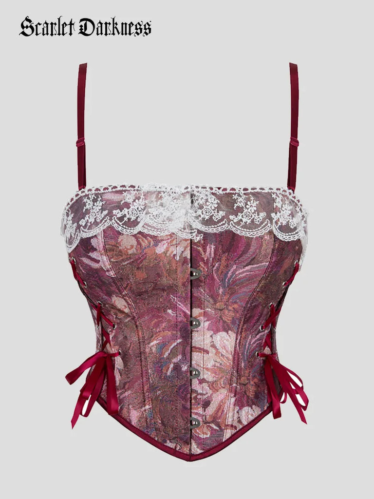 Women Victoria Daisy Strappy Jacquard Corset SCARLET DARKNESS