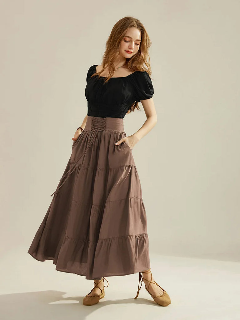 Women Renaissance Tiered Swing Skirt with Pocket SCARLET DARKNESS