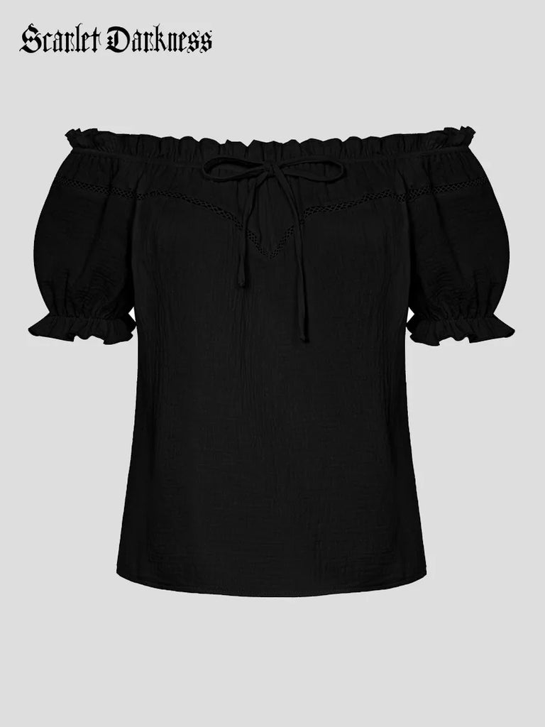 Renaissance Cotton Tops Crew Neck Off Shoulder Lace-up Tops SCARLET DARKNESS