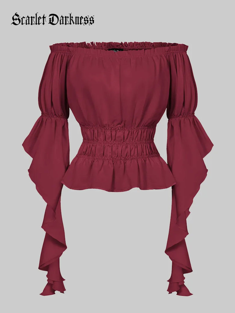 Renaissance Off-Shoulder Shirts Tops with Waterfall Openings SCARLET DARKNESS